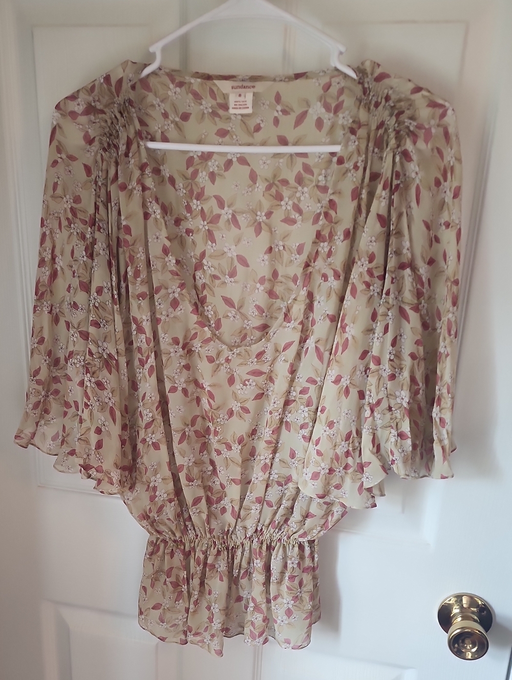 Sundance Beige Floral V-Neck Silk Top with Floral Print